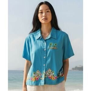 🌴🥥1990s Turquoise Coastal Crop Top 👕 Small Vintage🛖